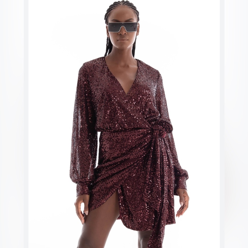 GLAMOROUS Port-Red Sequin Wrap-Front Mini-Dress, size 4 ERAS TOUR